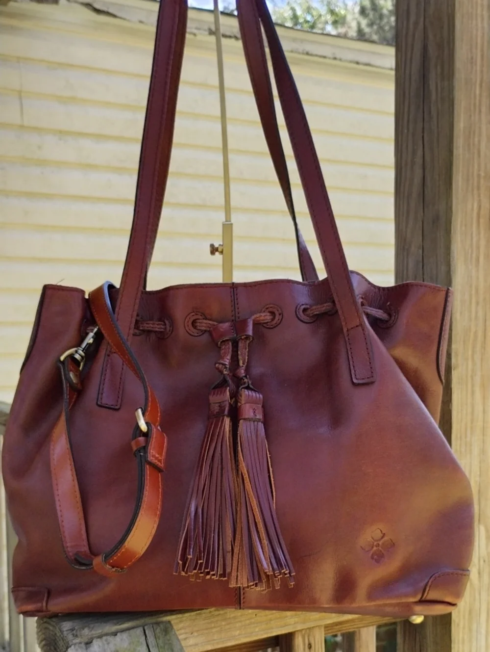 Patricia Nash Leather Whitney Drawstring Tote Bag - 3 Compartment _ Cross. Strap - Picture 2 of 15